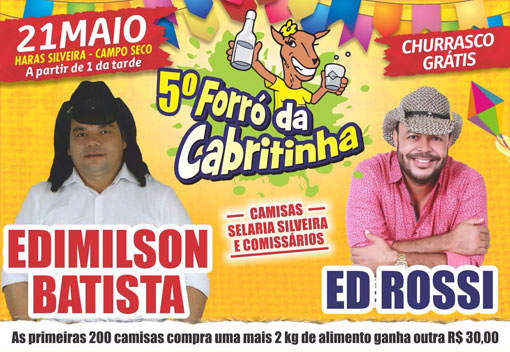 Brumado: dia 21 de maio tem o 5º Forró da Cabritinha com ED Rossi e Edimilson Batista