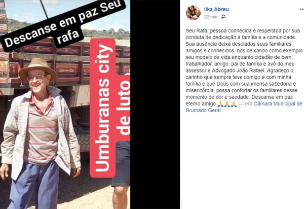 Brumado: Ilka Abreu lamenta morte de Rafael Pereira 'Seu Rafa'