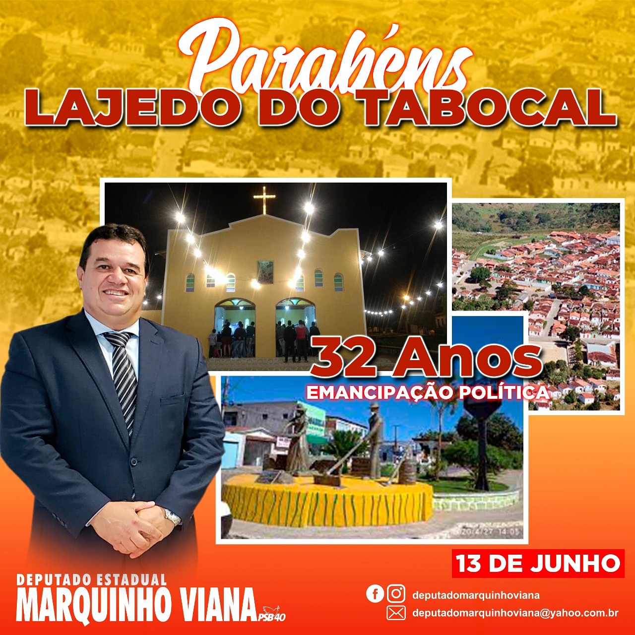 Deputado Marquinho Viana parabeniza os 32 anos de emancipação política de Lajedo do Tabocal