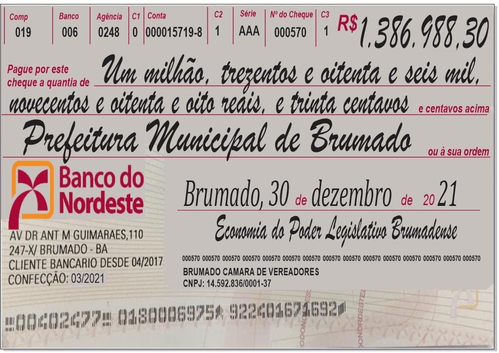 Câmara de Vereadores faz devolução à Prefeitura de Brumado no total de R$ 1.386.988,30