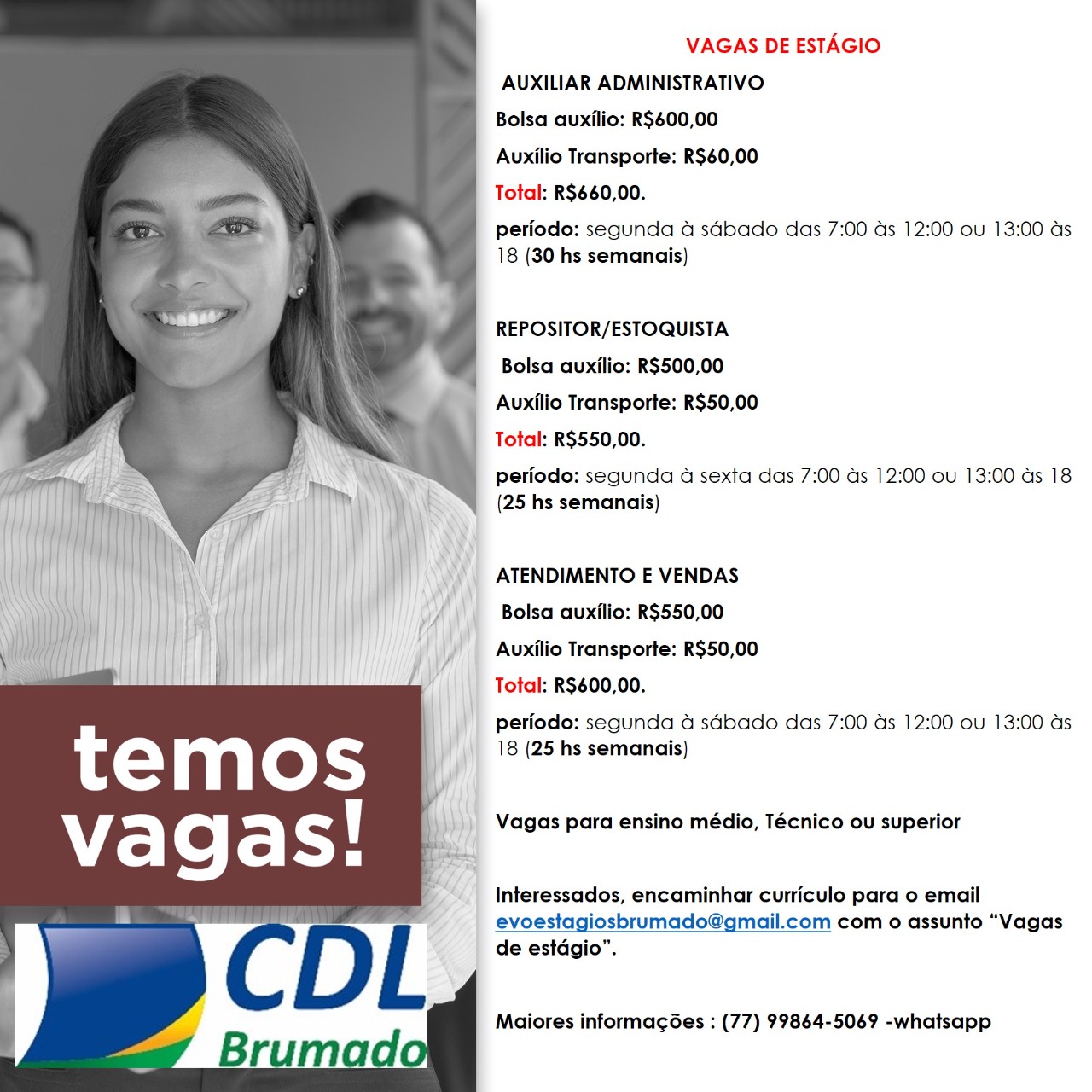 CDL de Brumado divulga Vagas de Estágio