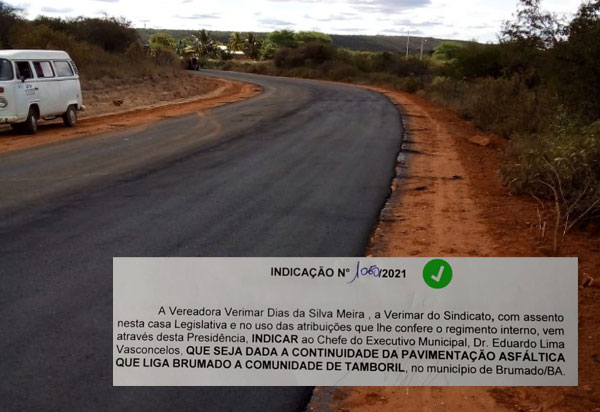Brumado: Após indicação de Verimar do Sindicato, estrada que liga à comunidade de Tamboril recebe pavimentação asfáltica