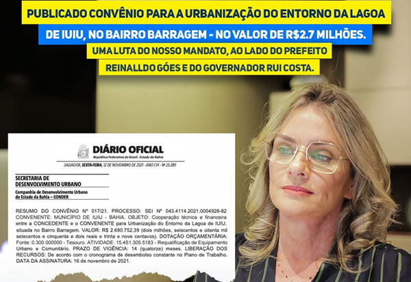 Deputada e prefeito conquistam R$2.7 mi para obras de urbanização da Lagoa da Amizade em Iuiu