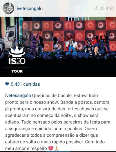 Pelo Instagram Ivete comenta adiamento de show em Caculé