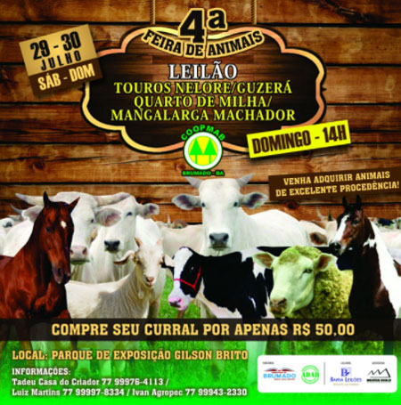 Neste sábado (29) e domingo (30) acontece a 4ª Feira de Animais de Brumado