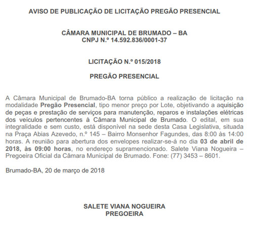 Câmara Municipal de Brumado: Aquisição de peças e prestação de serviços para manutenção, reparos e instalações elétricas dos veículos 