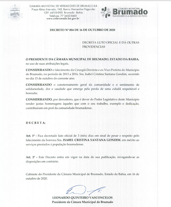 Câmara de Vereadores de Brumado - Decreto nº 004 de 16 de outubro de 2020