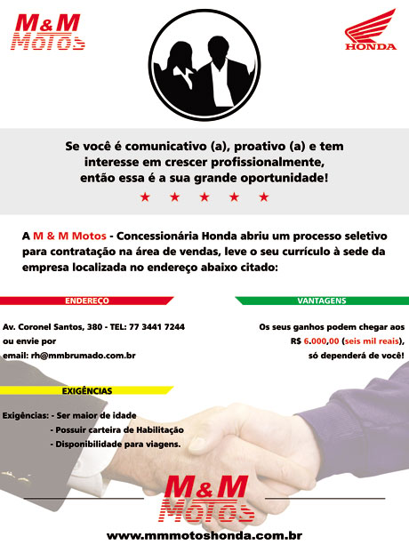 M & M Motos abre processo seletivo para contratação na área de vendas