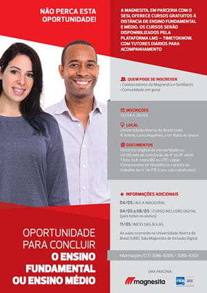 Magnesita e SESI Sudoeste oferecem cursos gratuitos de Ensino Fundamental e Médio 