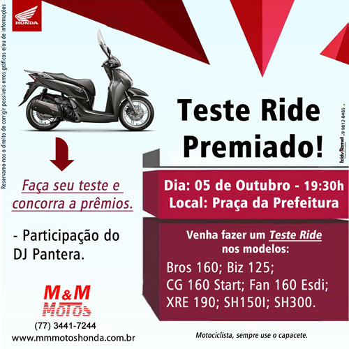  Brumado: M & M Motos promoverá Teste Ride na Praça da Prefeitura