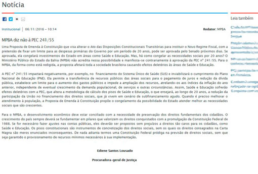 Ministério Público da Bahia se posiciona contra a PEC 241 