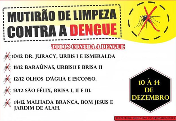 De 10 a 14 de dezembro será realizado em Brumado o mutirão de limpeza contra a dengue