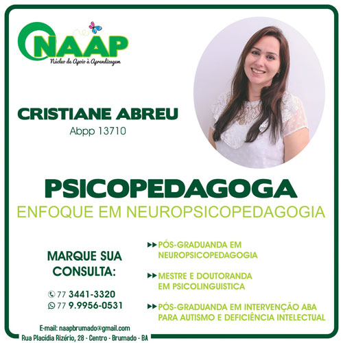 Brumado: Naap disponibiliza consulta com a Psicopedagoga Cristiane Abreu
