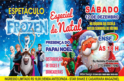 Brumado: Especial de Natal com espetáculo musical Turma da Frozen e Papai Noel acontece dia 12 de dezembro