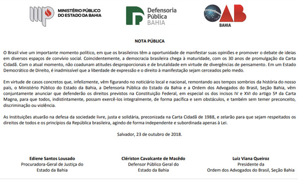 Ministério Público, Defensoria e OAB na Bahia emitem nota conjunta sobre liberdade de expressão