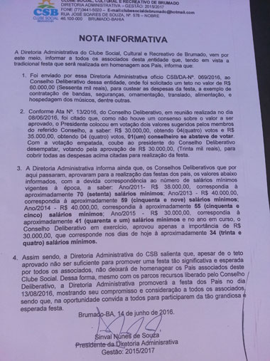 Clube Social de Brumado divulga Nota Informativa