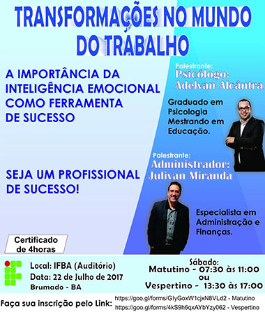 Palestras gratuitas serão ministradas no IFBA Campus Brumado