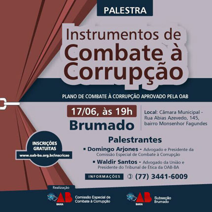 OAB de Brumado promove hoje (17) palestra sobre combate à corrupção