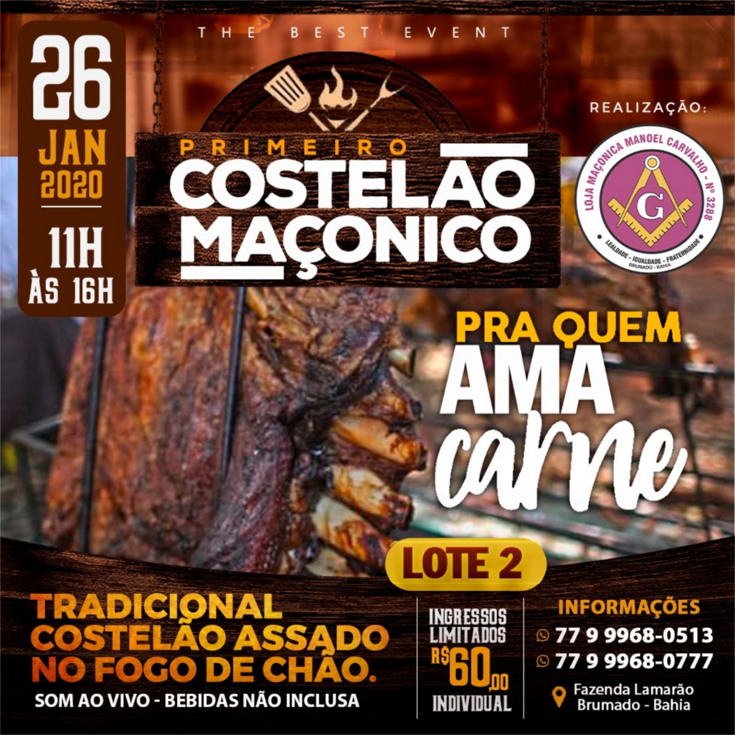 No próximo domingo (26) acontecerá o 1° Costelão Maçônico de Brumado