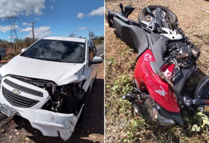 Livramento: Moto e carro colidem na rodovia BA-152 trecho próximo a Itanagé