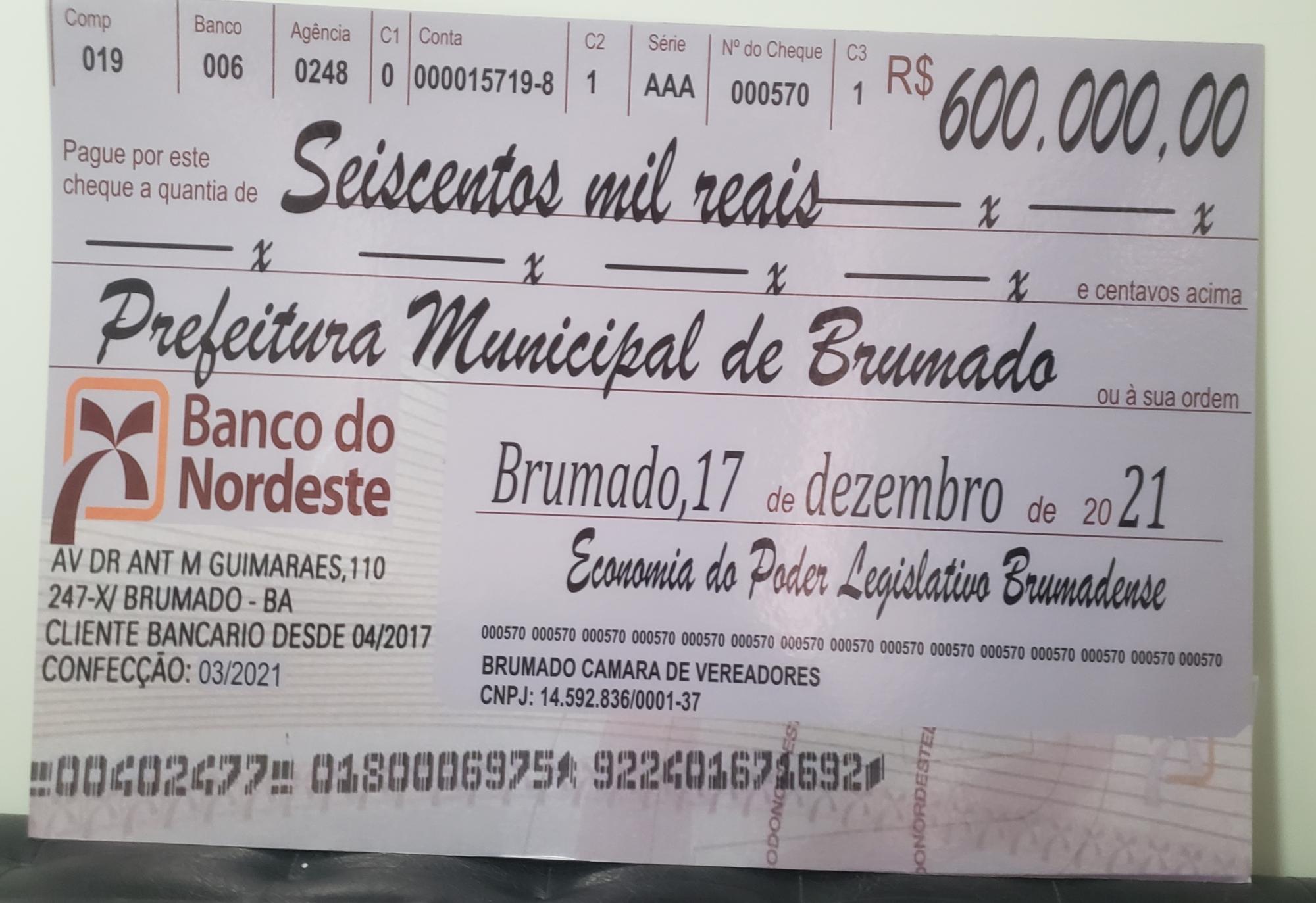 Presidente da Câmara de Vereadores antecipa devolução de R$ 600 mil para a Prefeitura de Brumado