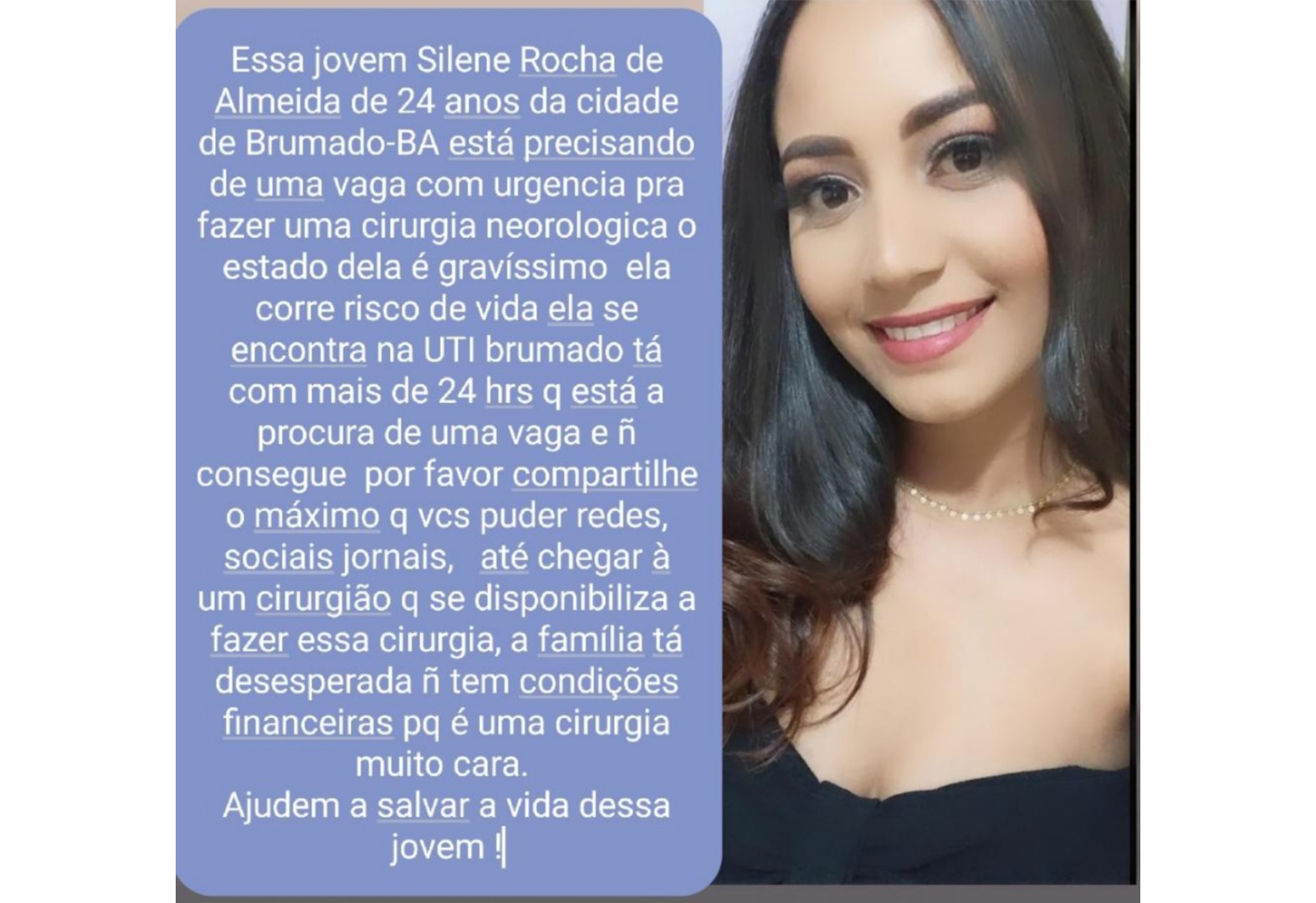 Brumado: Campanha nas redes sociais busca vaga em UTI especializada para Silene Rocha de Almeida
