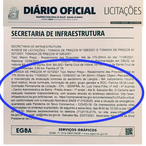 Aberta licitação para obras de iluminação da pista do aeroporto de Lençóis