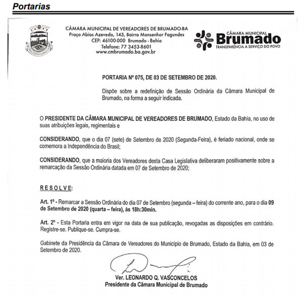 Portaria nº 075, de 03 de setembro de 2020