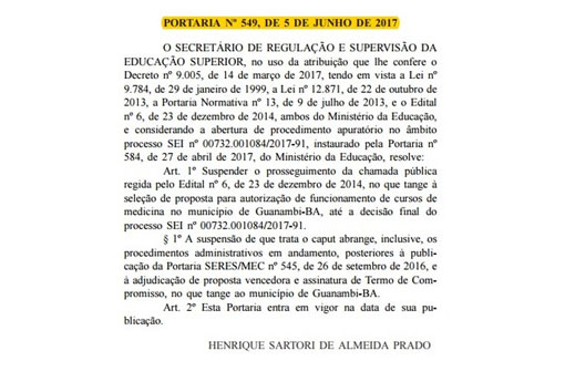 Guanambi: MEC suspende seleção para funcionamento de curso de medicina