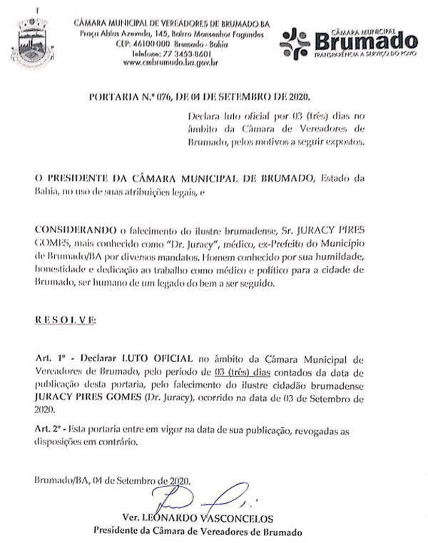 Portaria nº 076, de 04 de setembro de 2020