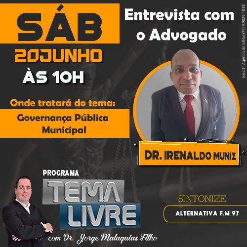  Brumado: advogado Irenaldo Muniz falará sobre ‘Governança Pública Municipal’ no Programa Tema Livre