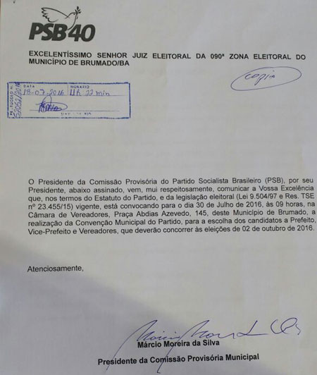 Eleições 2016: PSB de Brumado realizará convenção partidária dia 30 de julho