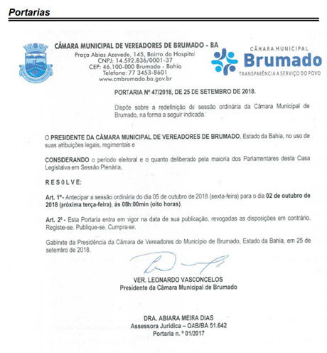 Redefinição da sessão da Câmara de Vereadores de Brumado