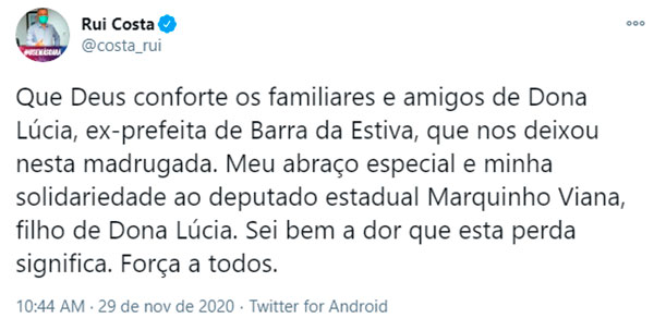 Barra da Estiva: Governador Rui Costa emite Nota de Pesar pela morte de Dona Lúcia