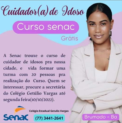 Brumado: Senac oferta 20 vagas gratuita para Cuidador de Idoso