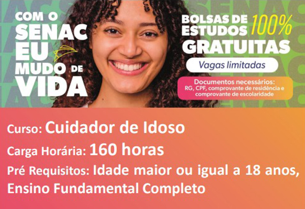 Brumado: SENAC abre vagas gratuitas para Curso Cuidador de Idoso