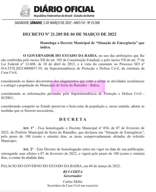 Publicado o decreto de situação de emergência de Serra do Ramalho