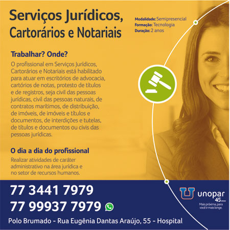 Brumado: Unopar abre vagas para curso de serviços Jurídicos Cartorarios e Notariais