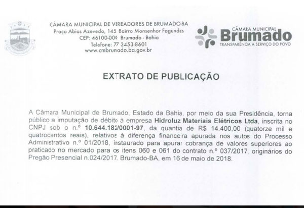 Câmara de Vereadores de Brumado: Extrato de Publicação do contrato n.o 037/2017, originários do Pregão Presencial n.024/2017.