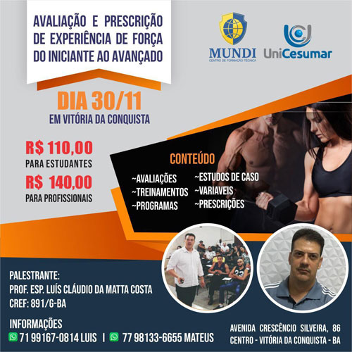 Unicesumar promoverá em Vitória da Conquista o Curso 'Avaliação e Prescrição de experiência de força do iniciante ao avançado'