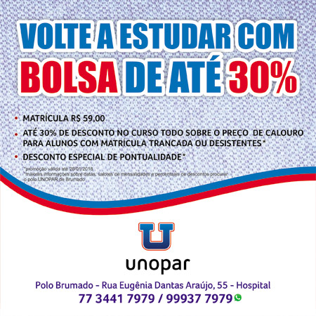 Brumado: volte a estudar na Unopar com bolsa de até 30% em todo o curso