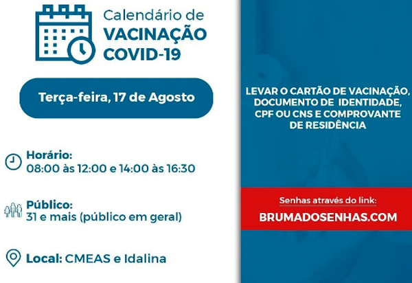 Covid-19: Brumado vacina pessoas com 31 anos de idade e mais nesta terça (17)