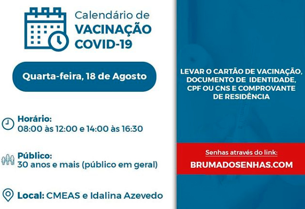 Brumado vacina contra Covid-19 30 anos e mais nesta quarta (18)