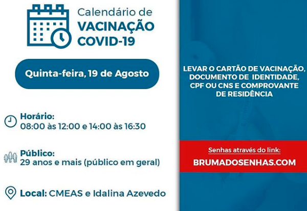 Brumado vacina contra Covid-19, 29 anos e mais nesta quinta (19)