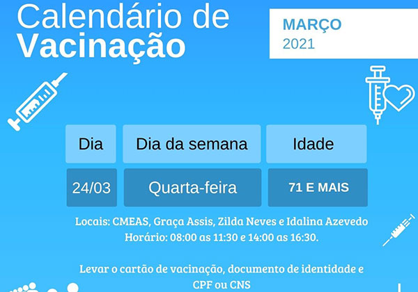 Coronavírus: Brumado vacina idosos a partir de 71 anos nesta quarta (24)