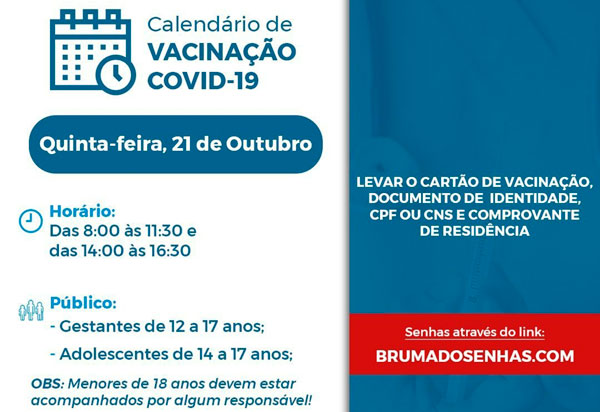 Brumado vacina nesta quinta (21) gestantes de 12 a 17 anos e adolescentes de 14 a 17 anos