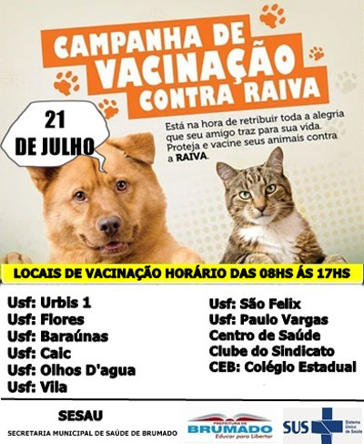 Programação: Campanha de vacinação contra Raiva - Cães e Gatos em Brumado
