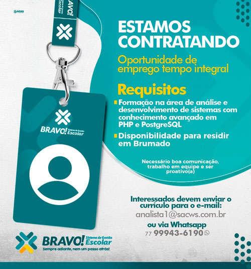 BRAVO! está com vaga de emprego para Desenvolvedor de Sistemas